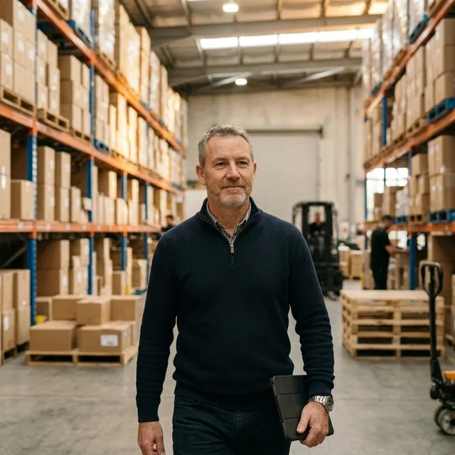 Hiring manager walking through a warehouse